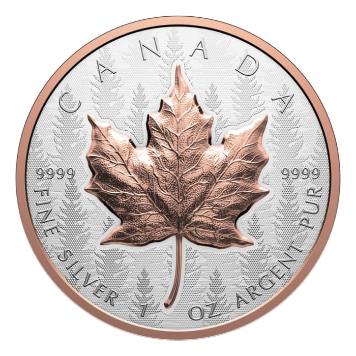盛金盛彩色梅文盃 2025 加拿大楓葉.9999局部玫瑰鍍金超高浮雕反向精鑄銀幣1盎司