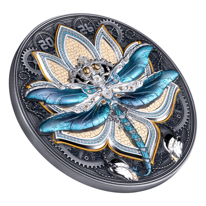 2026 5oz Samoa Steambeasts Dragonfly .999 Silver Antiqued Gold