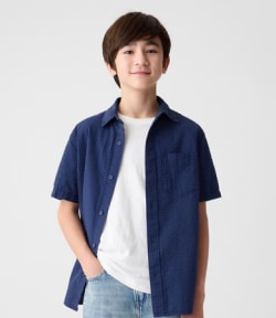Trendy Boys' Navy Blue Textured Short-Sleeve Shirt