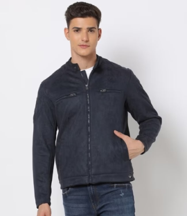 Trendy Navy Blue Suede Jacket For Men