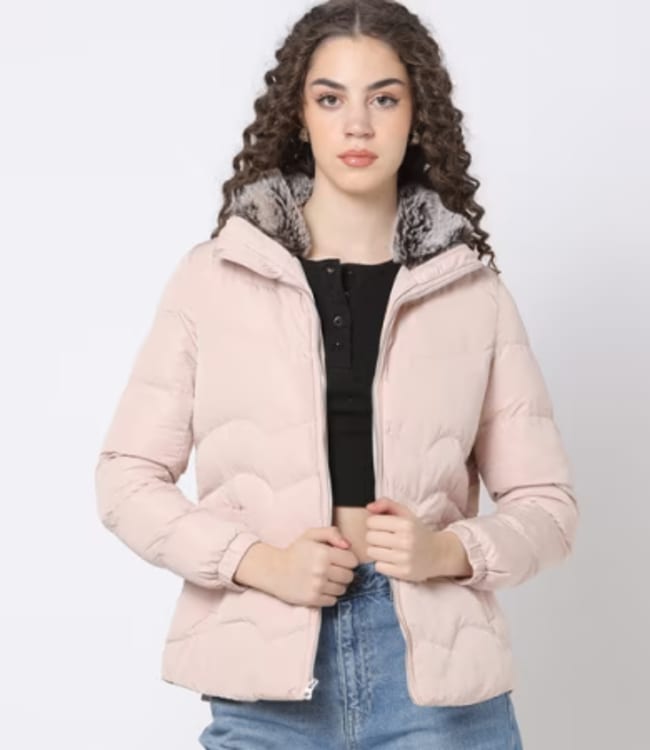 Stylish Pink Puffer Jacket with Fur Collar