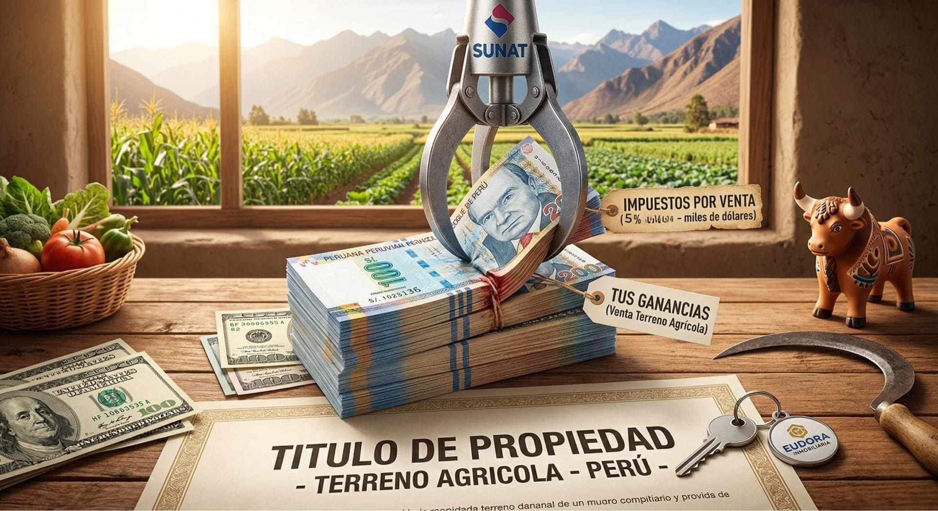 Representación de ahorro de impuestos de la SUNAT en la venta de un terreno agrícola en Perú con título de propiedad.