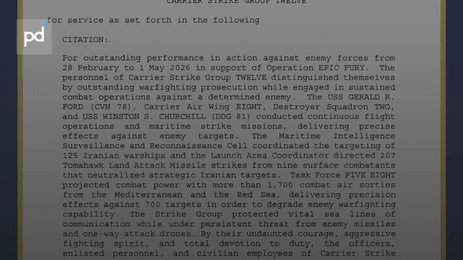 US Navy Awards Presidential Unit Citation to Ford Carrier Strike Group Mid-Conflict