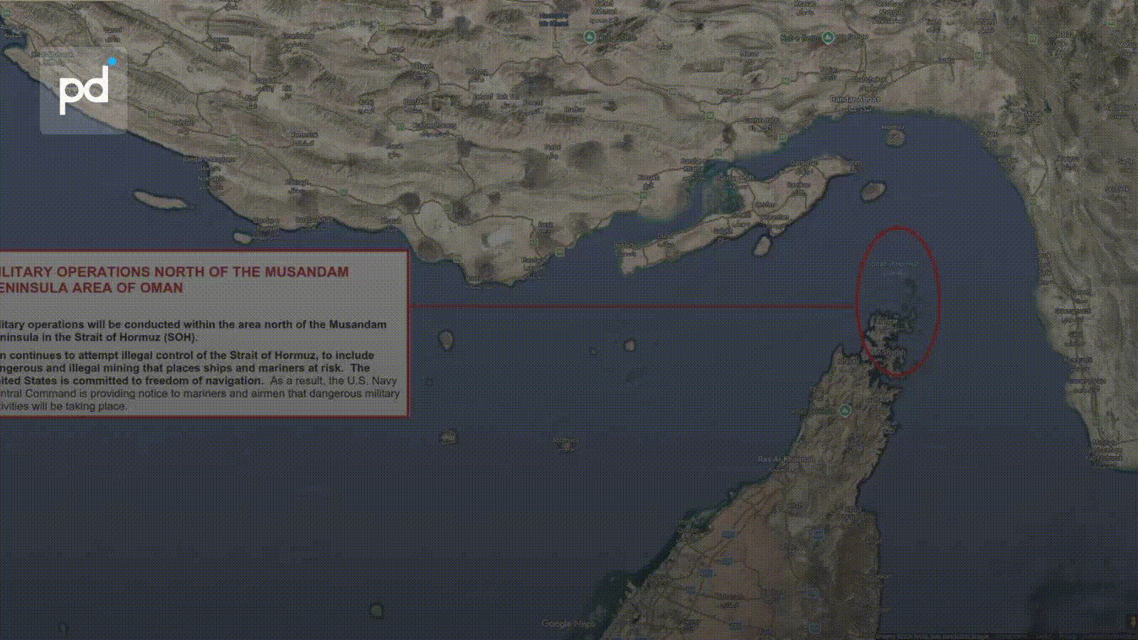 US Military Issues Hormuz Mine-Clearance Warning North of Musandam Peninsula