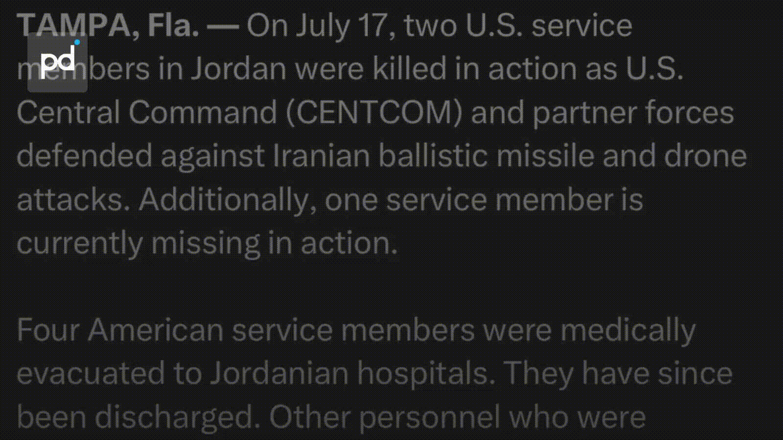 US Confirms Two Soldiers Killed, One Missing in Iranian Strike on Jordan