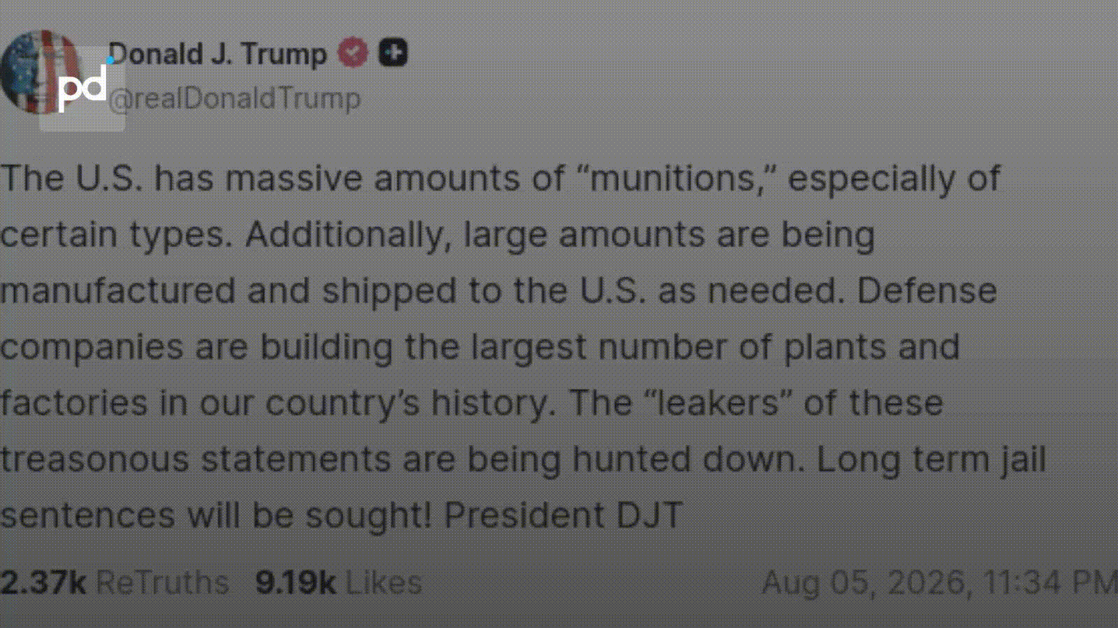 Trump Threatens Treason Charges Over US Munitions Shortage Reports