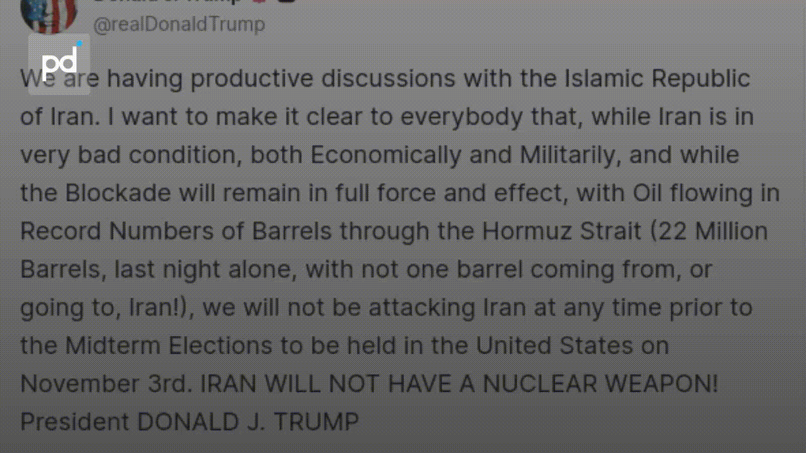 Trump Rules Out Iran Strike Before Midterms, Calls Talks "Productive"