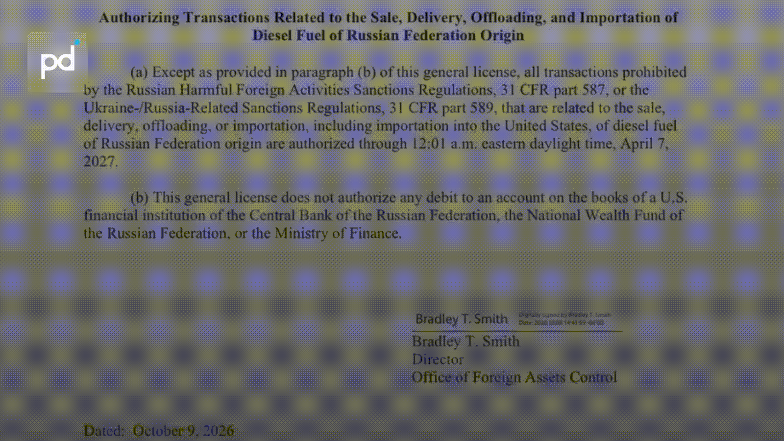 US Treasury Issues 6-Month License Authorizing Russian Diesel Imports