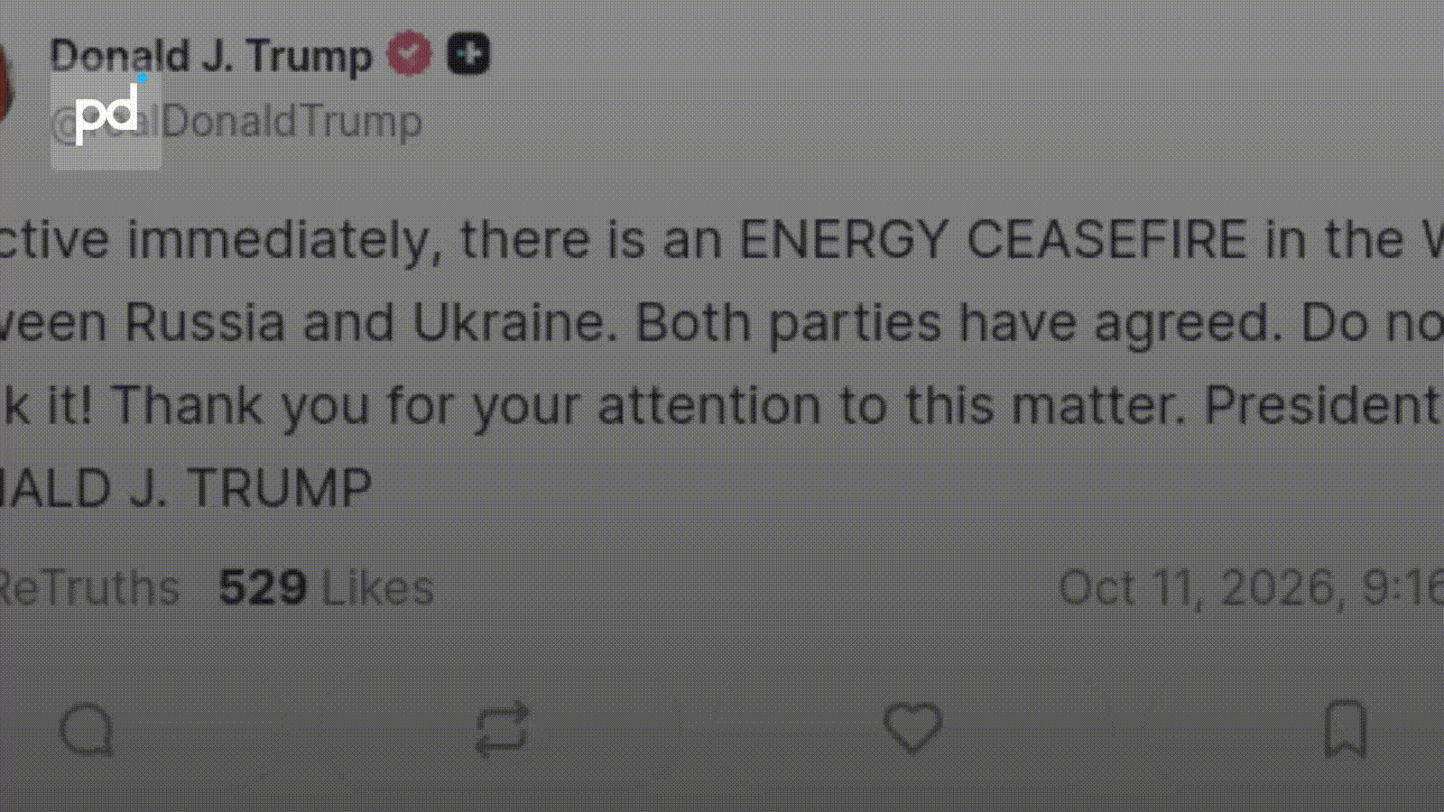 Trump Announces Immediate Russia-Ukraine Energy Ceasefire via Truth Social