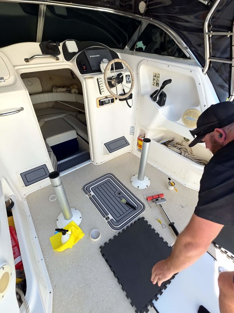 Professional EVA foam flooring installation on a boat
