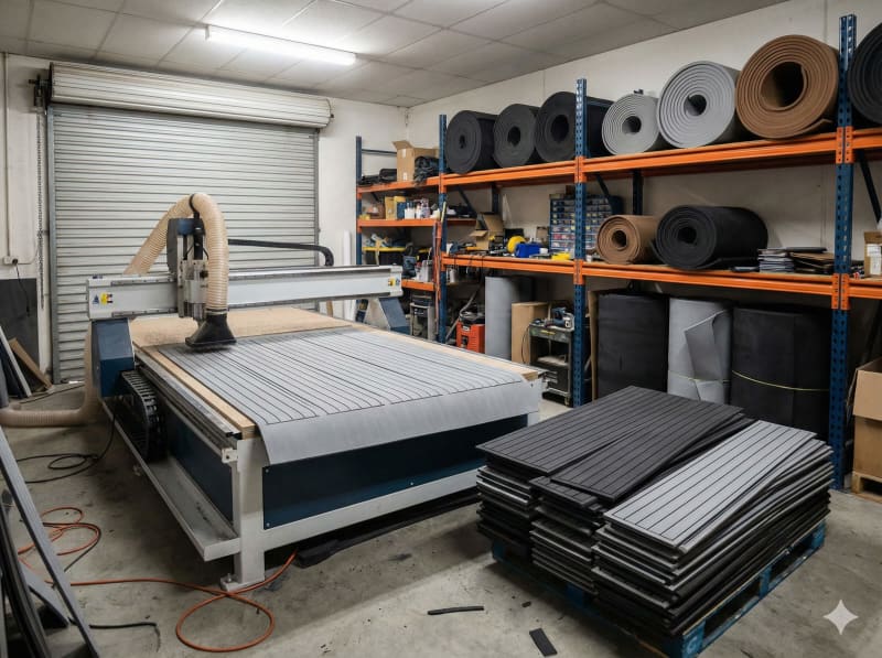 EVA foam flooring panels being manufactured in the workshop