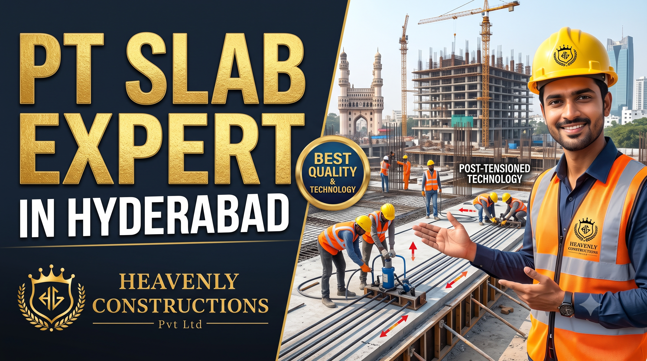 PT Slab Construction in Hyderabad Post-tensioned slab construction at a building project in Hyderabad