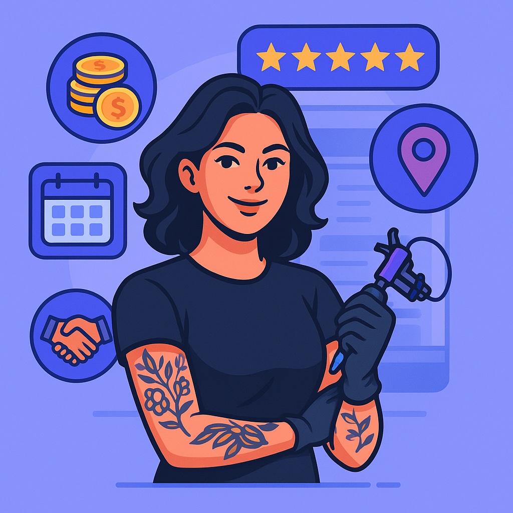 Tattoo artist working with digital marketplace platform showing benefits like bookings, payments, and client reviews