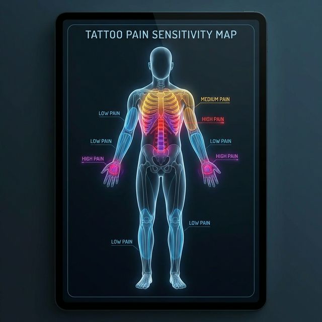 A glowing anatomical human map showing tattoo pain zones in different colors