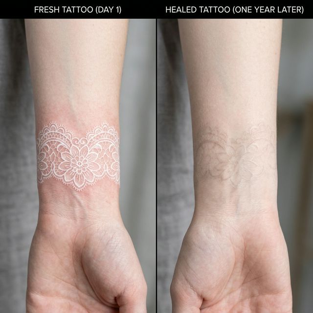 Comparison of fresh vs healed white ink tattoo showing fading and skin integration