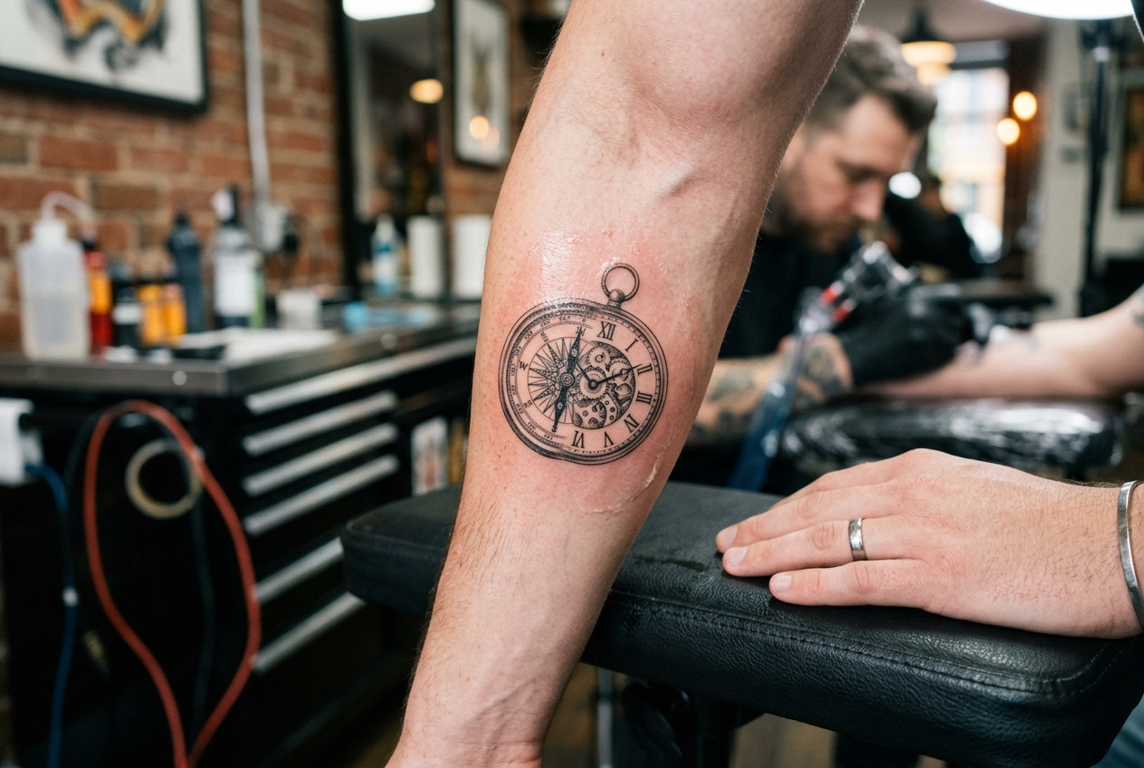 A fresh, hyper-detailed micro-realism compass and clock tattoo on a forearm
