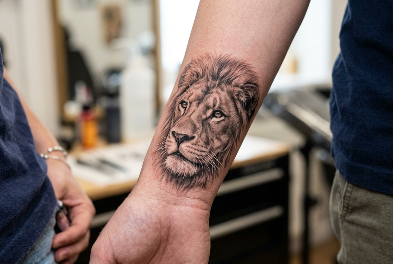 Close-up of a detailed micro-realism lion tattoo on a wrist
