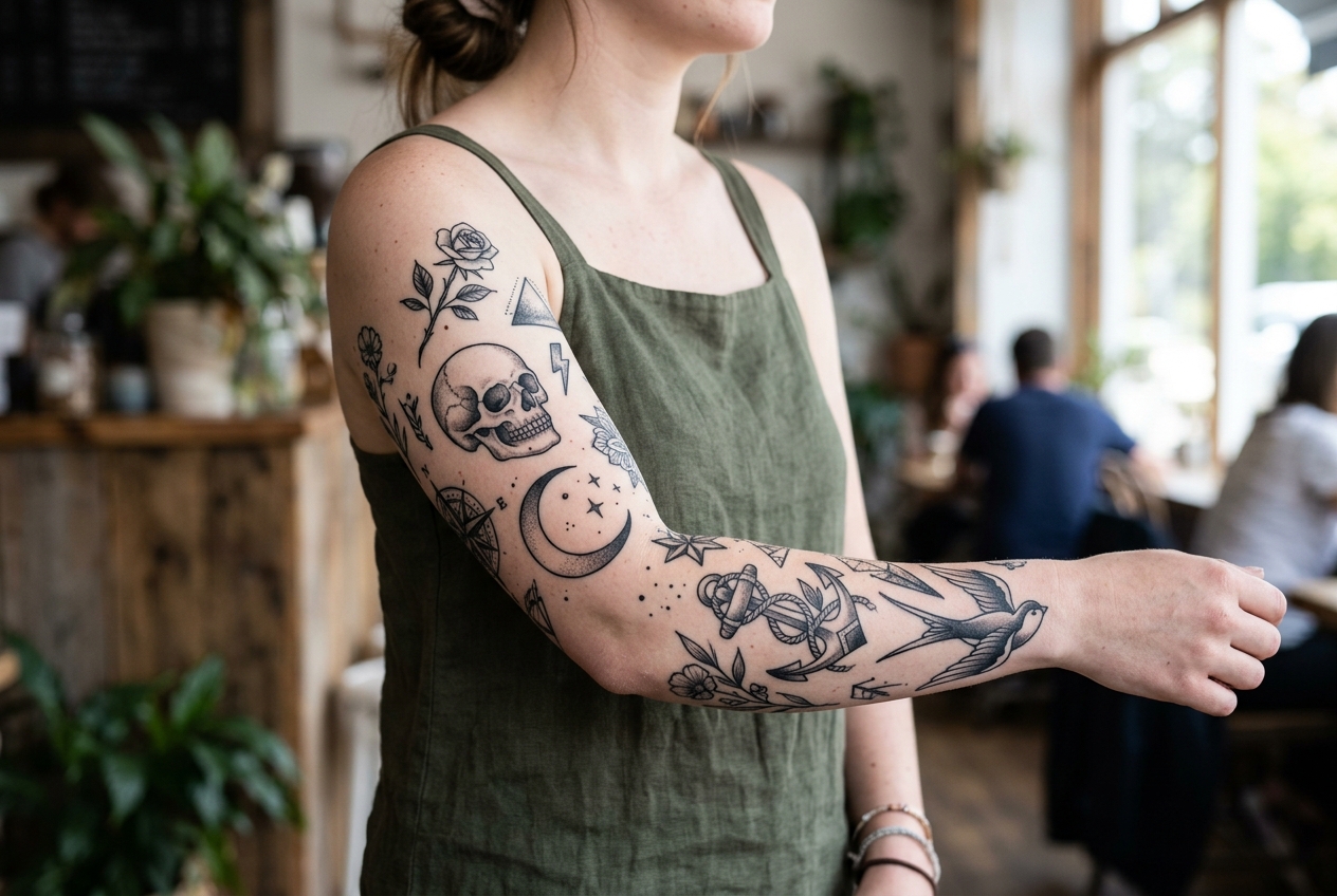 A beautiful patchwork sleeve on an arm featuring various individual illustrations