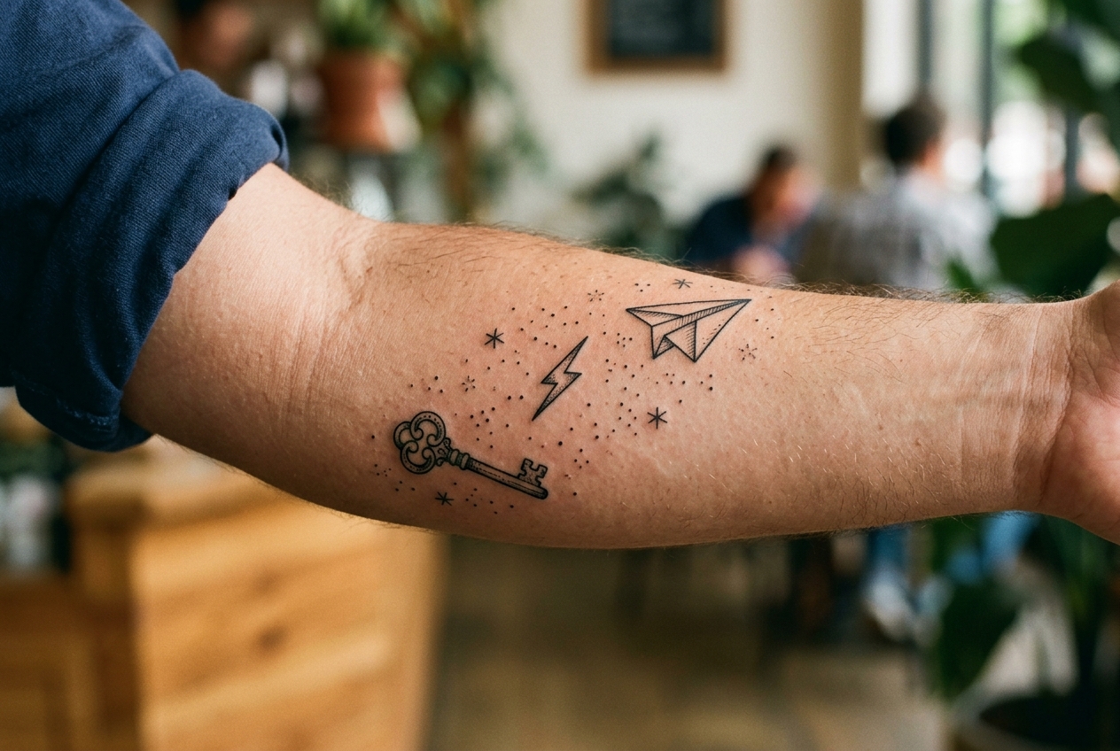 Close-up of small patchwork tattoos showing a key and paper plane with delicate dot filler