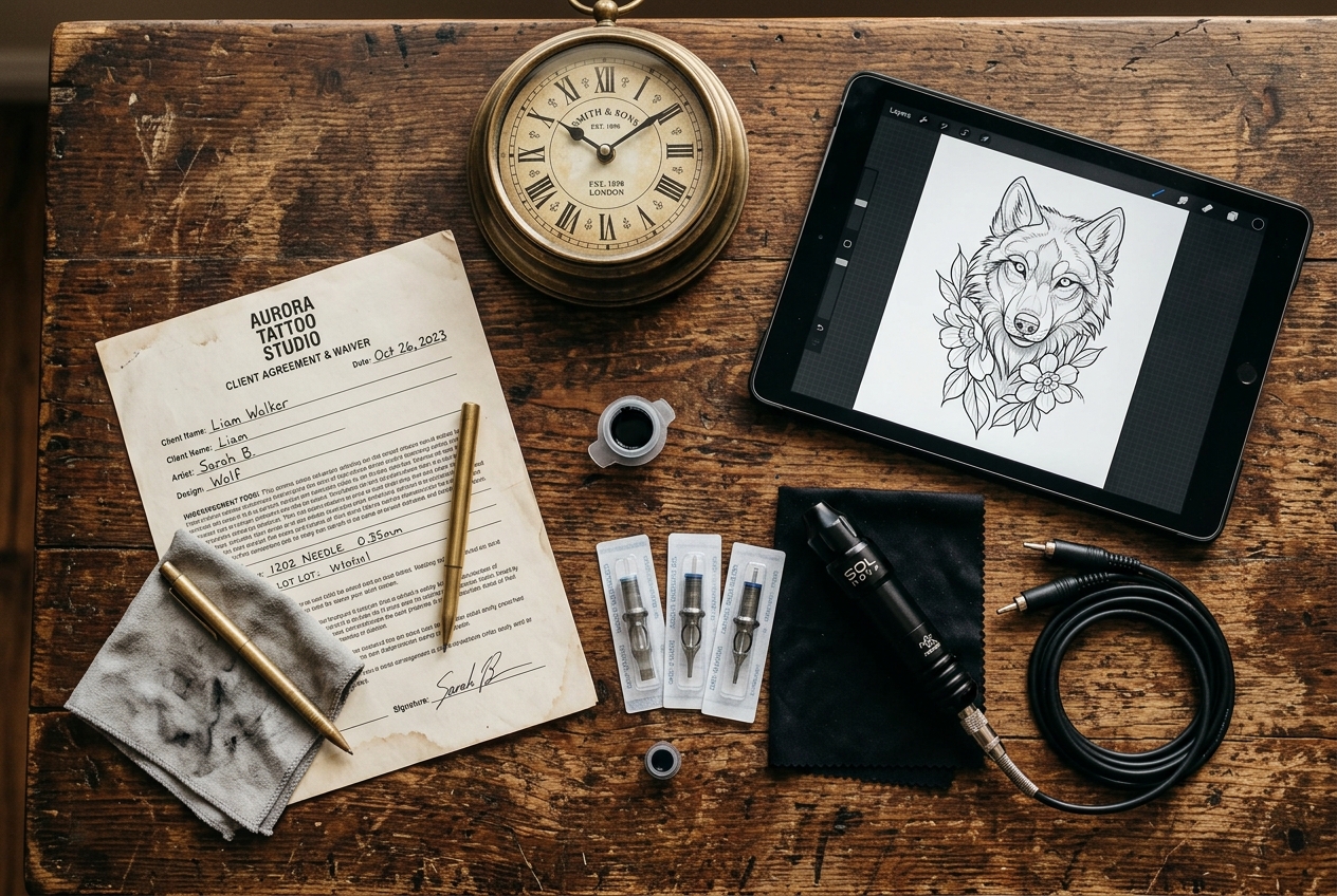 A professional flat lay of tattoo design tools, clock, tablet, and waiver form