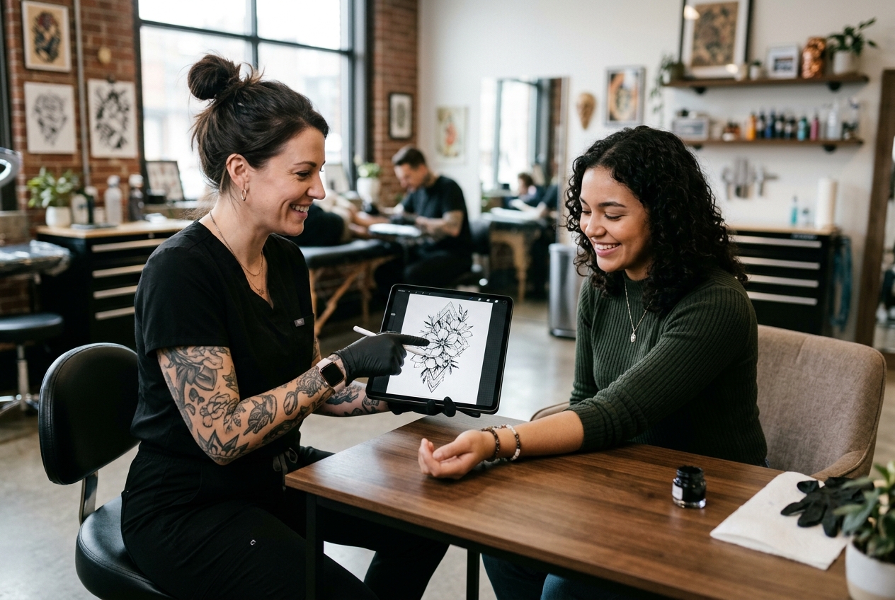 A tattoo artist showing a custom flower design on an iPad to a smiling client