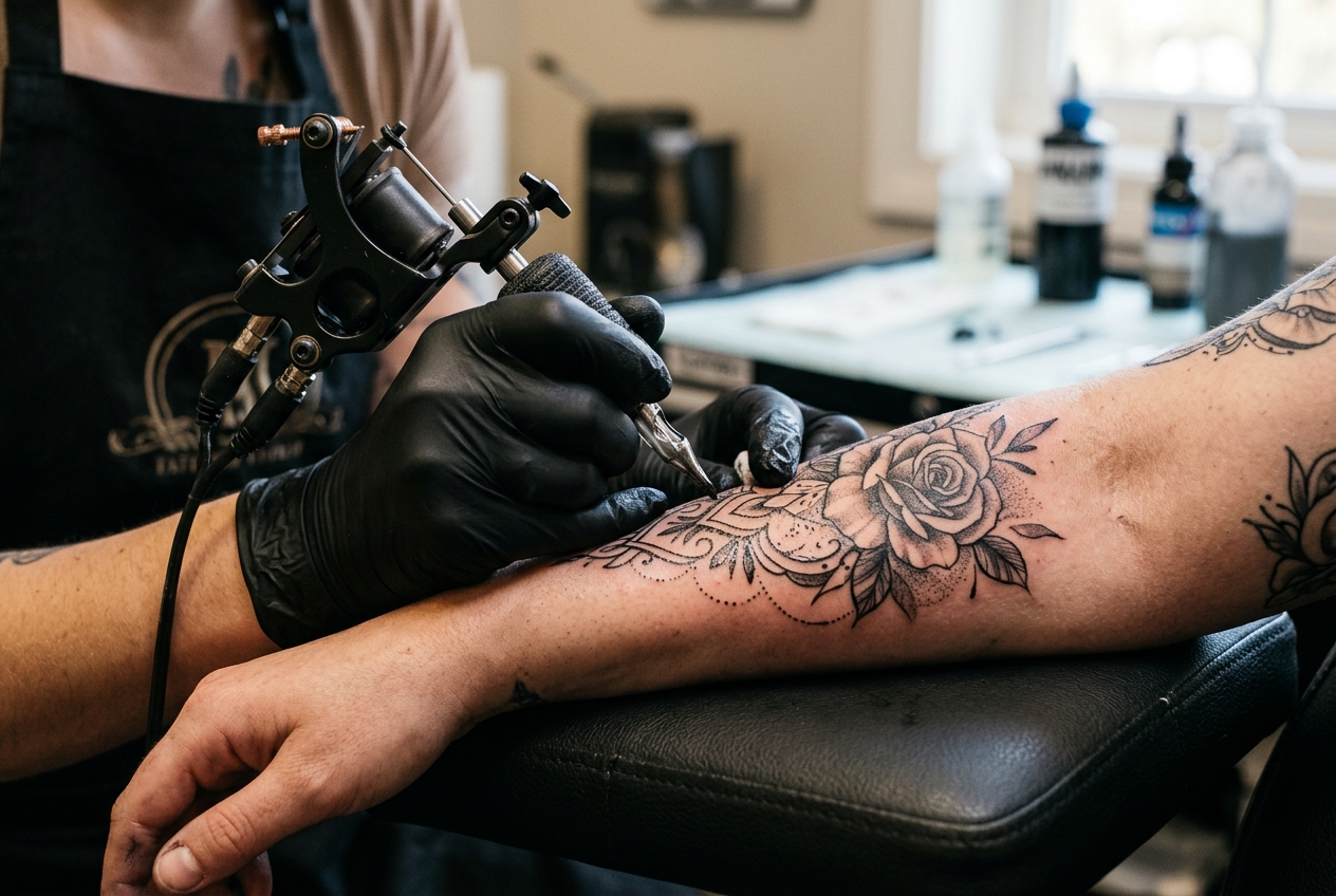 Close-up of a tattoo machine shading a detailed rose tattoo on a forearm