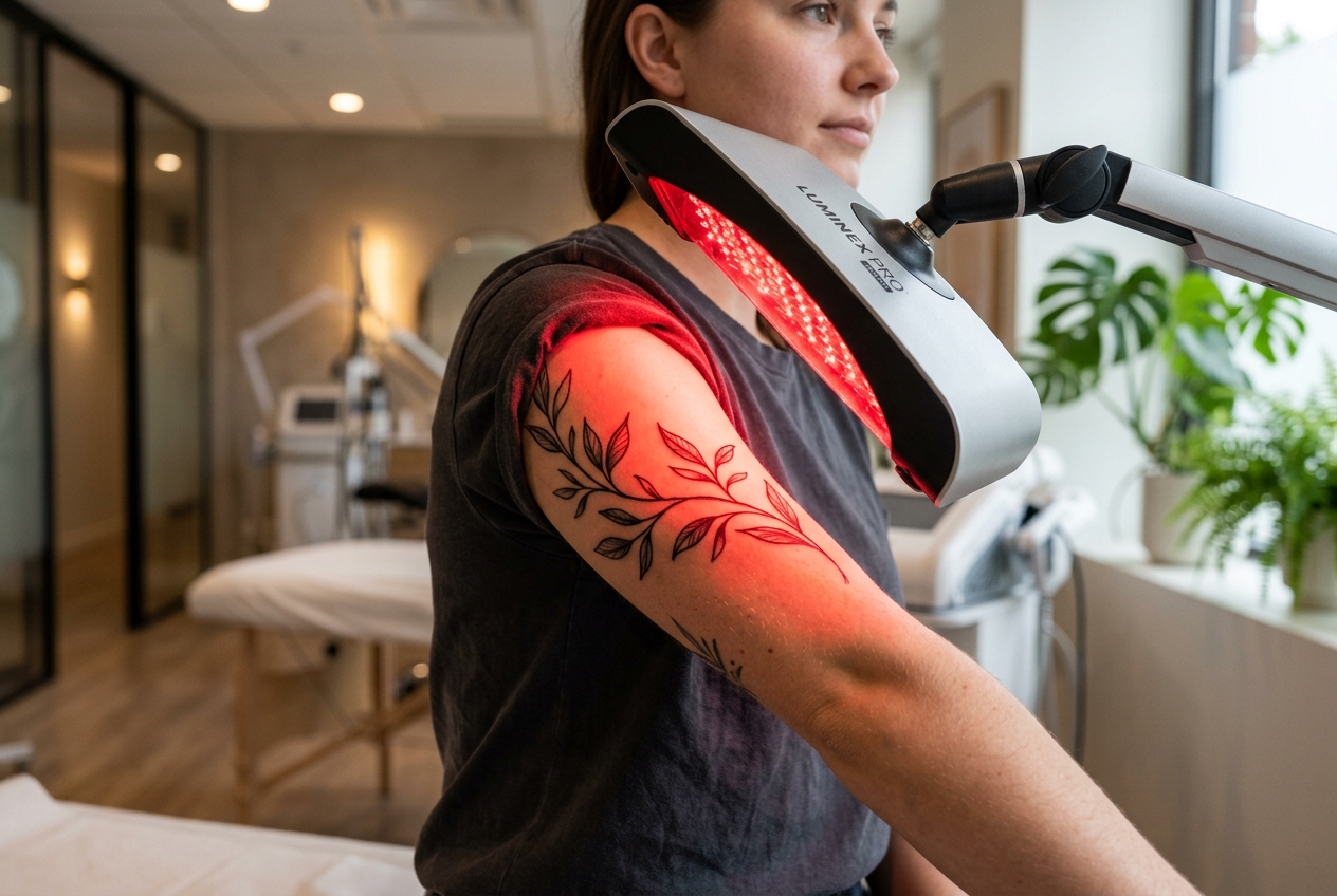 A woman receiving red light therapy from an LED lamp on her tattooed upper arm