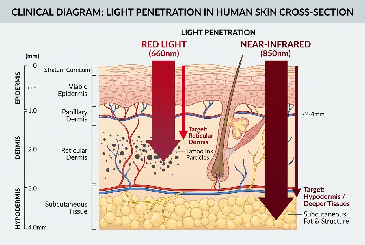 Infographic showing Red and Near-Infrared light wavelengths penetrating skin layers down to reticular dermis
