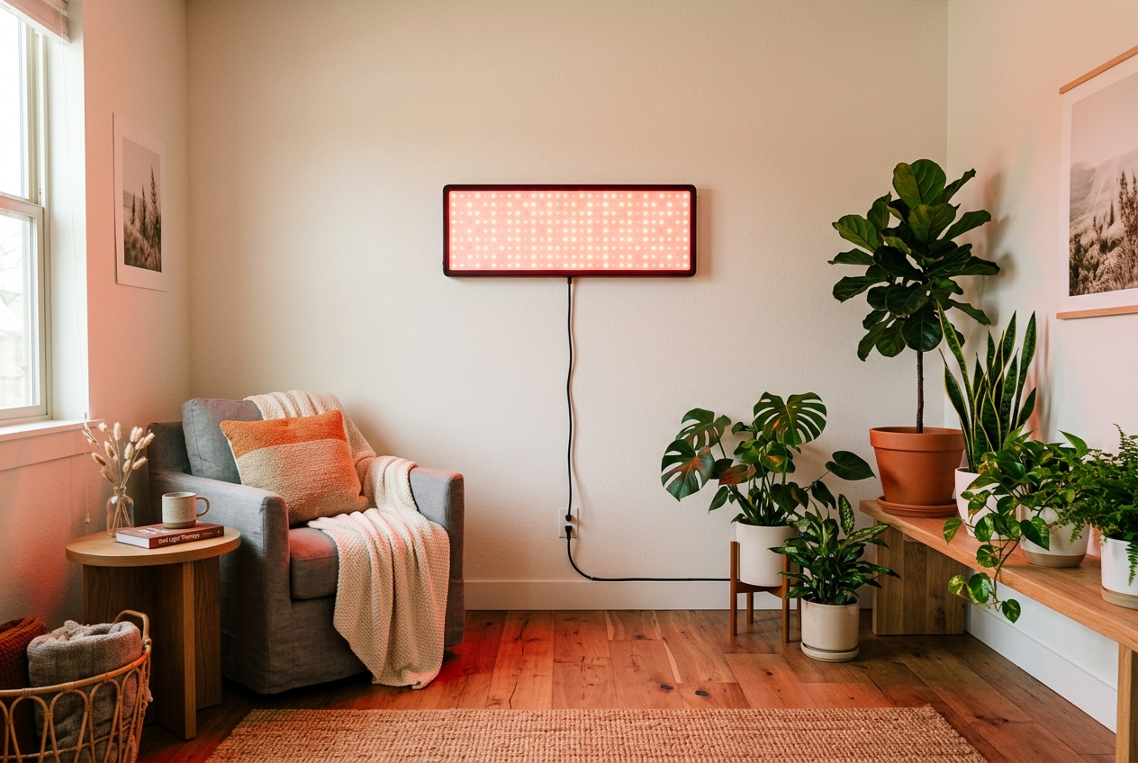 A modern red light therapy panel hanging on a wall in a cozy room casting a red glow