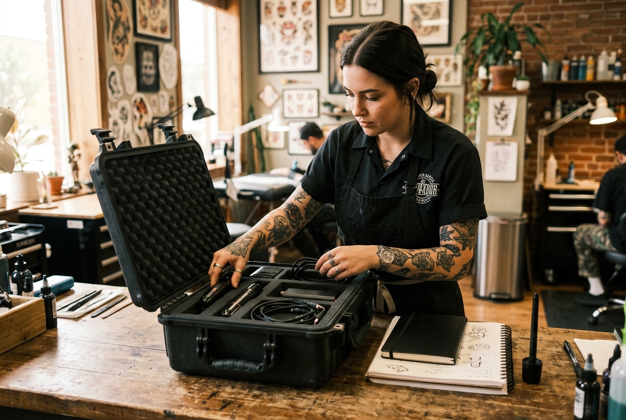 A female tattoo artist packing her equipment, inks, and machine pen into a professional travel case