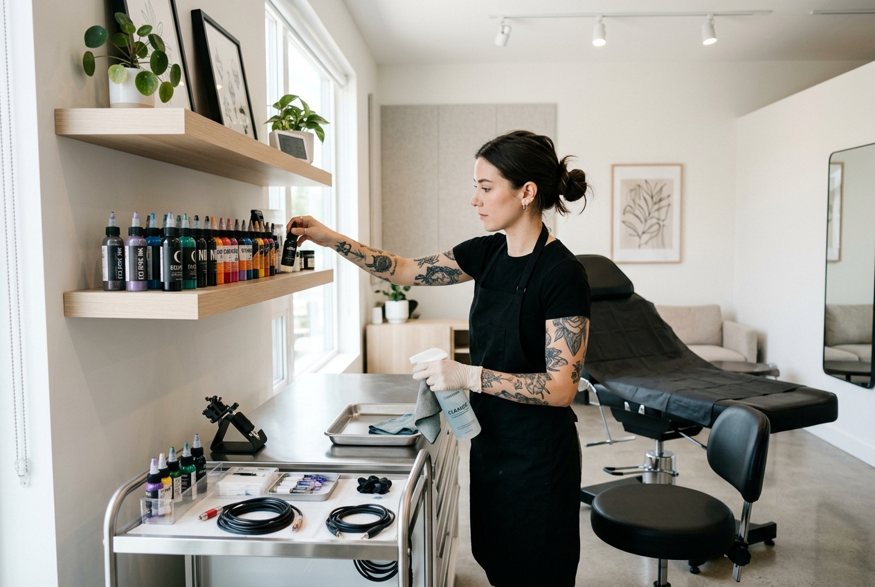 A tattoo artist arranging colorful ink bottles on wooden shelves at her clean tattooing station