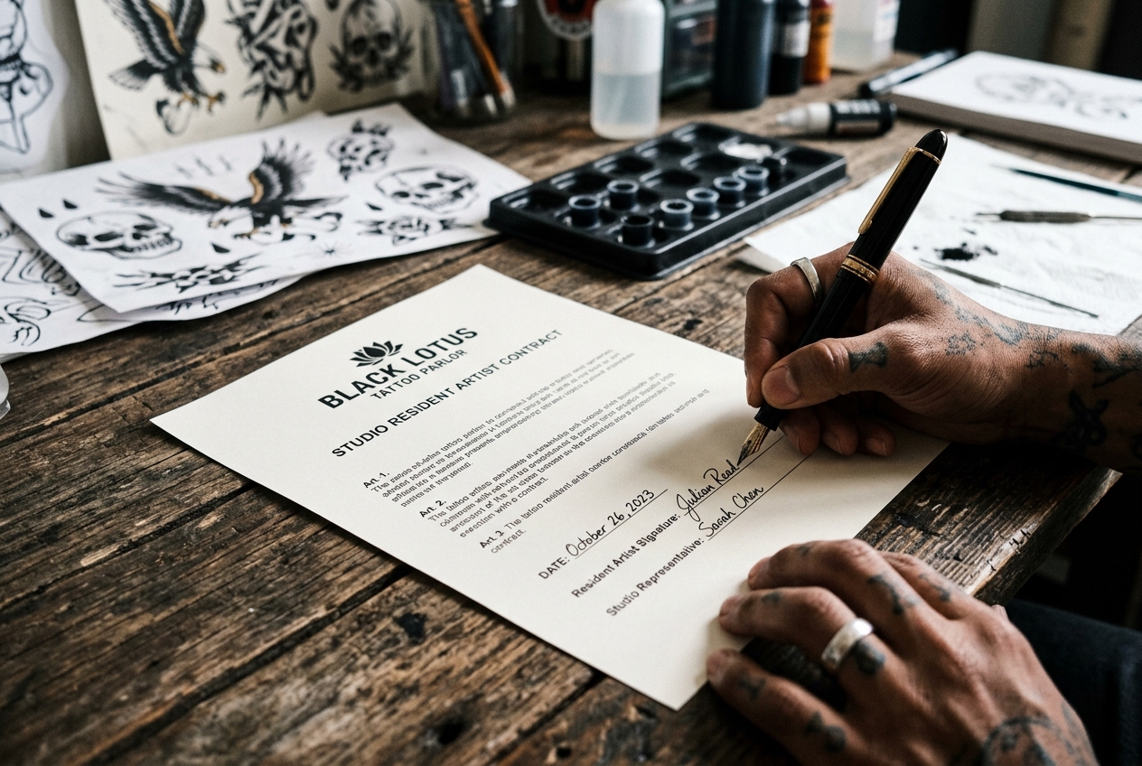 A close-up of a tattoo artist signing a resident artist contract on a rustic wooden desk