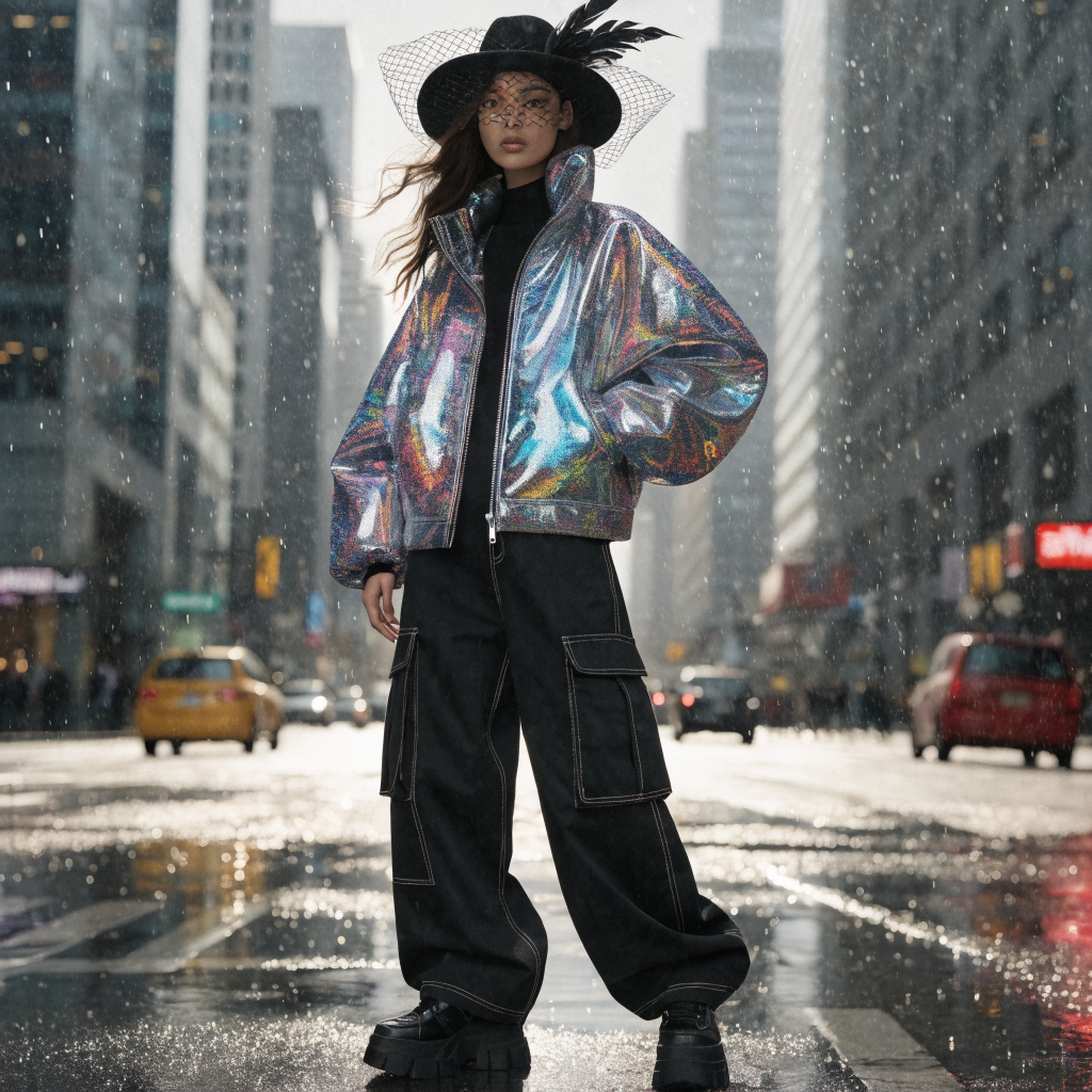 A high-fashion streetwear editorial shot