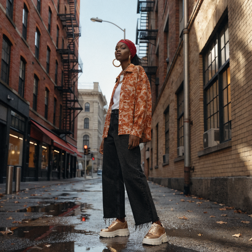 A high-fashion streetwear editorial shot