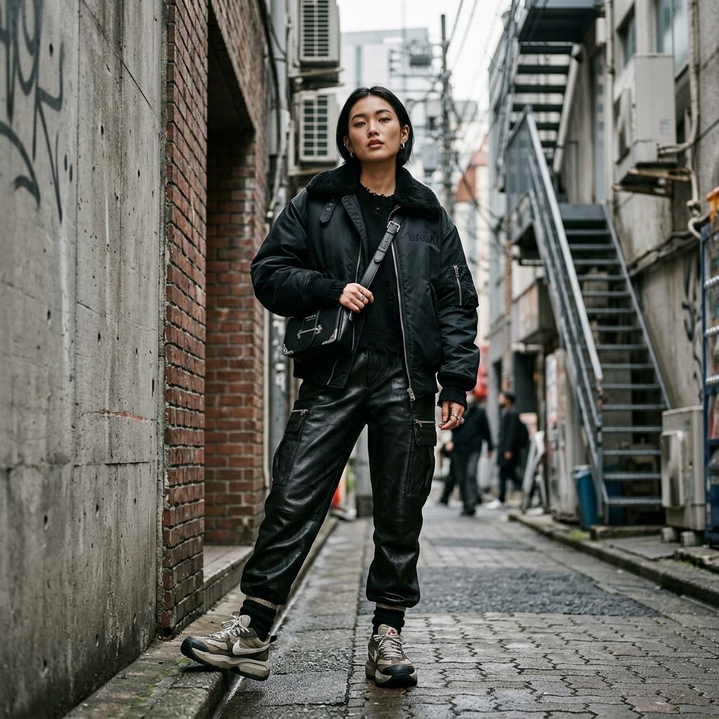 A high-fashion streetwear editorial shot