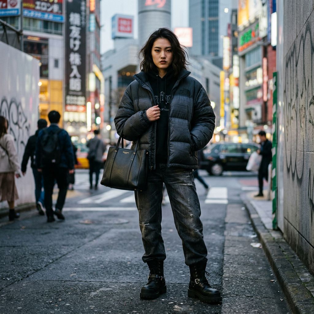 A high-fashion streetwear editorial shot