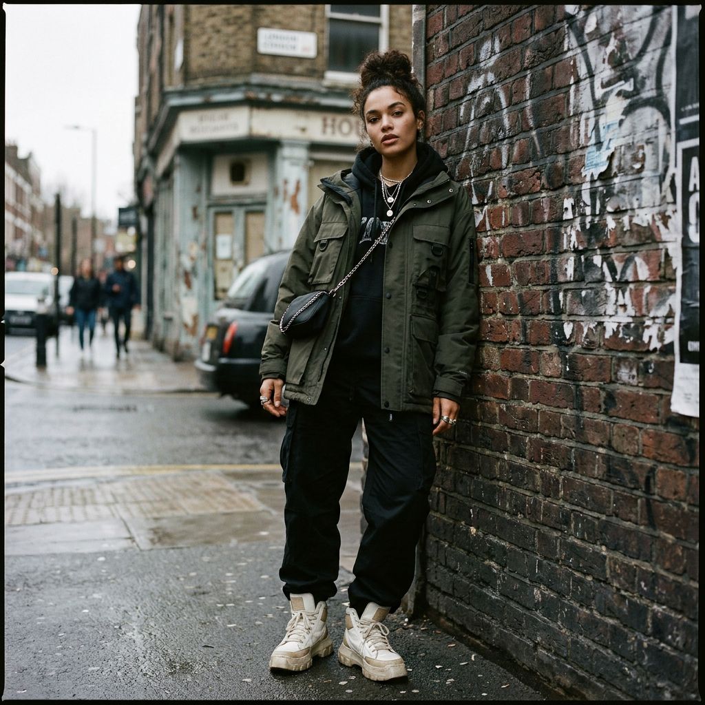 A high-fashion streetwear editorial shot
