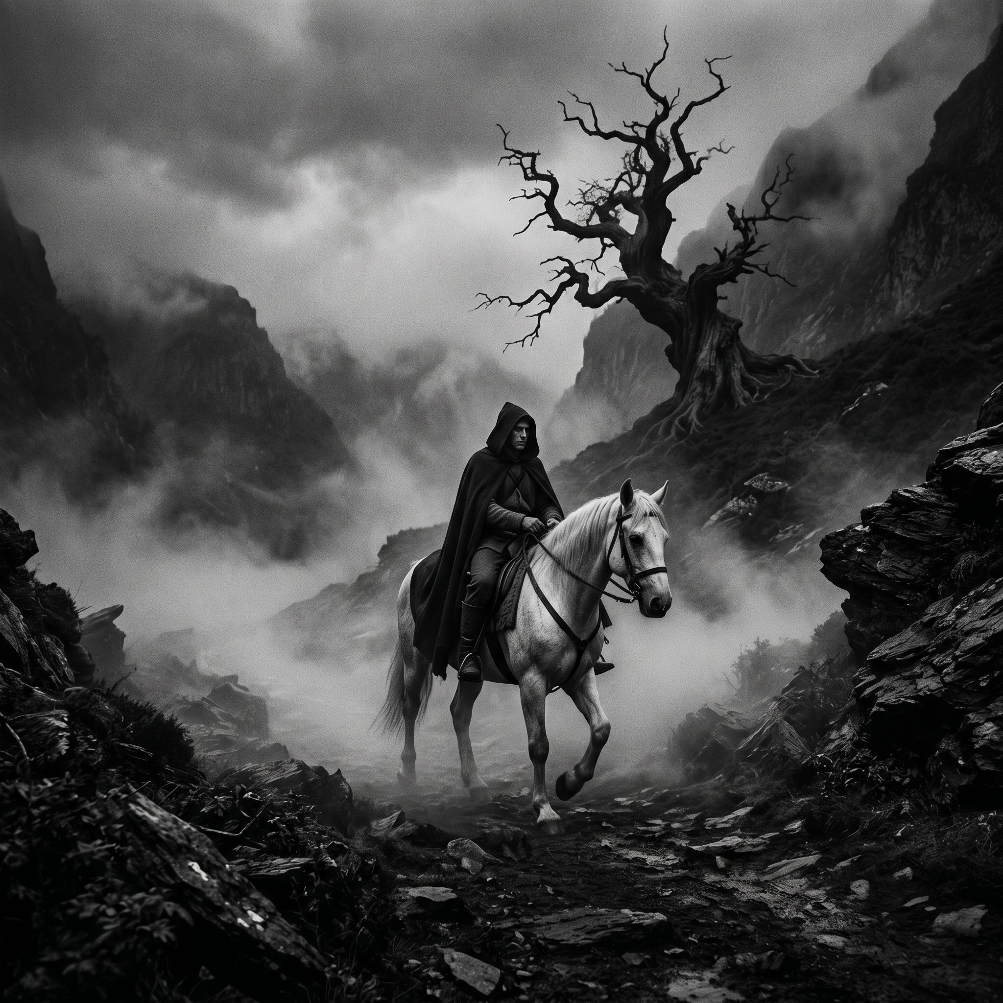 Cinematic monochrome film still, high-co