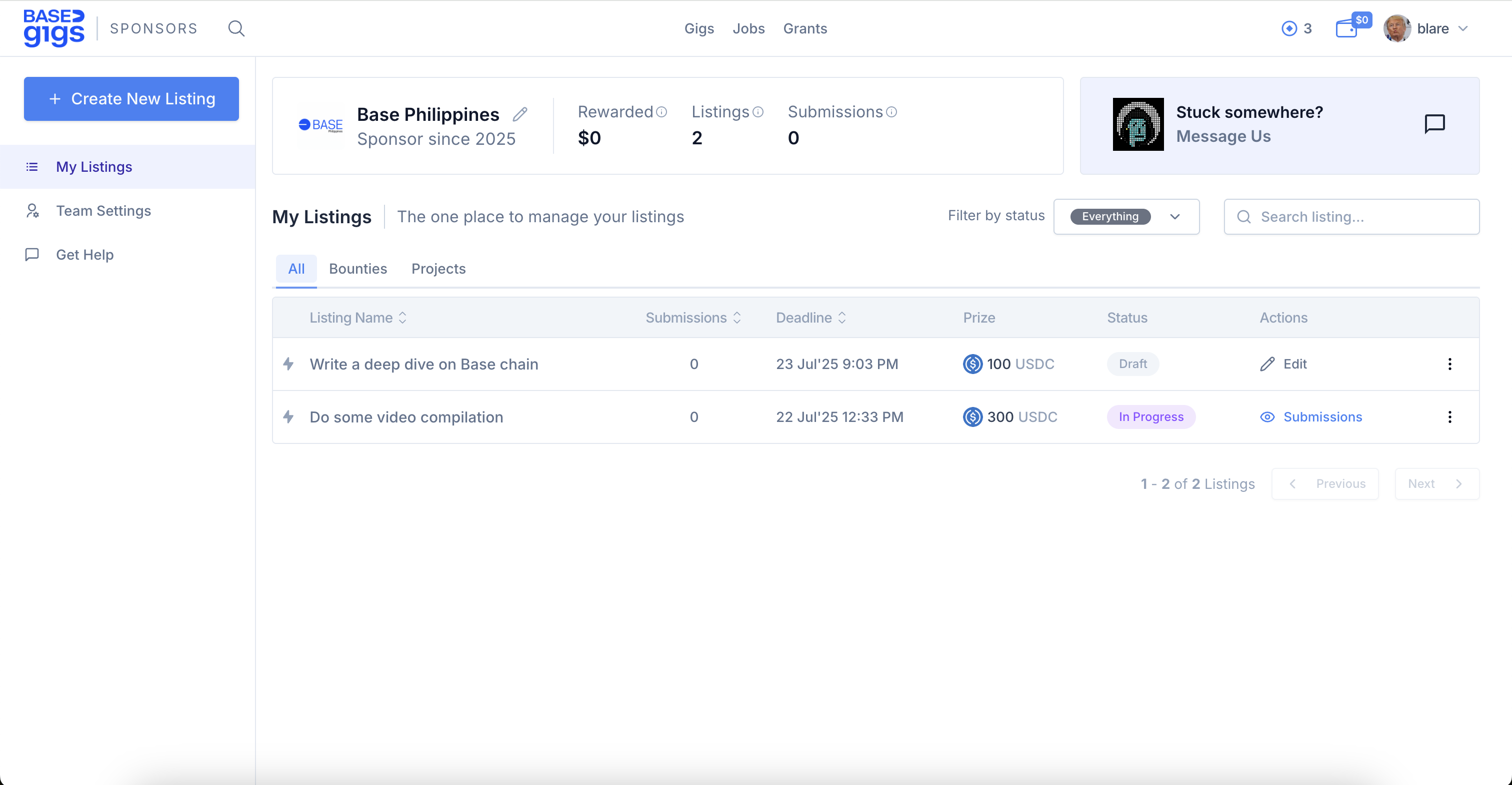 Sponsord dashboard screenshot