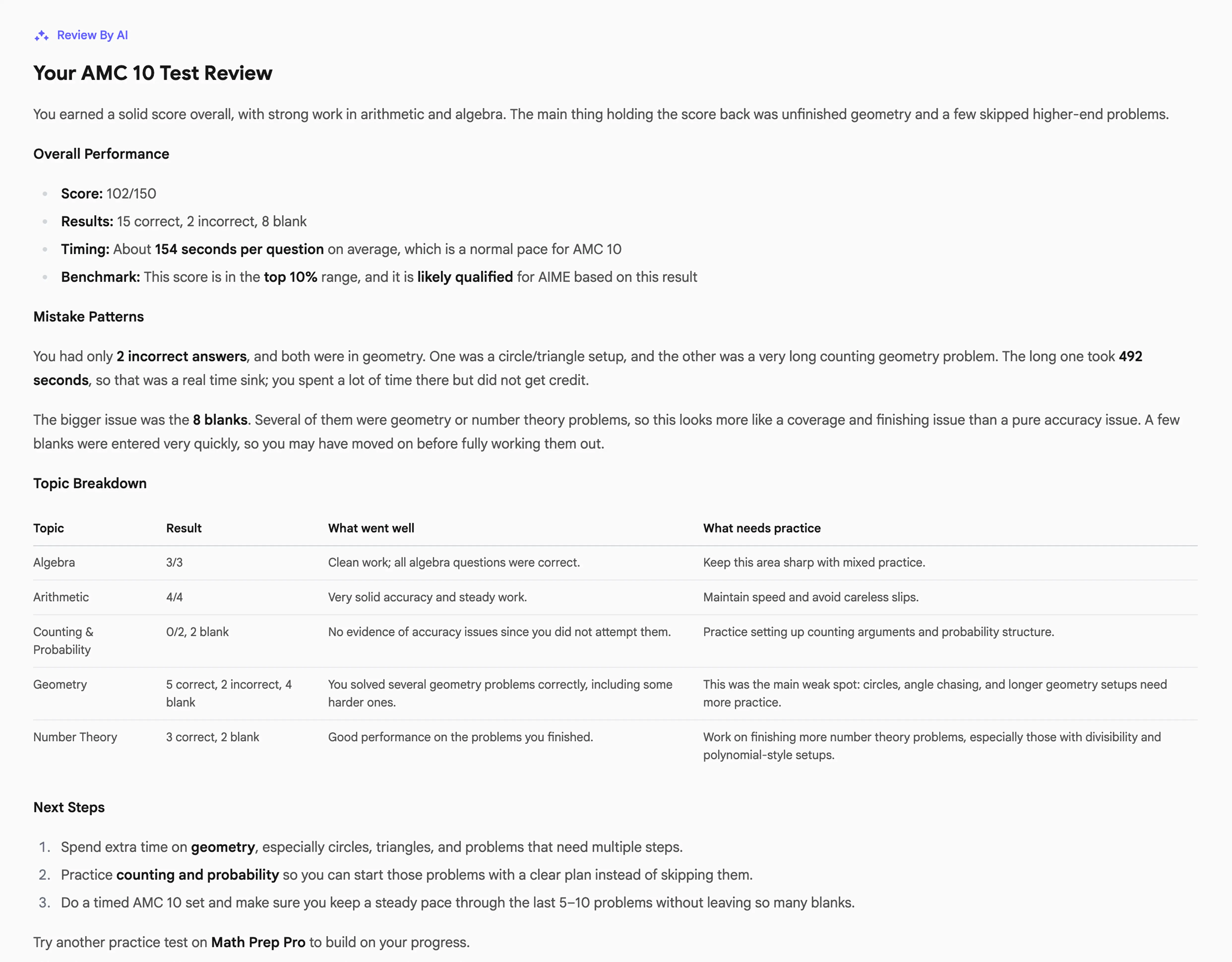 AMC practice test interface with sample AMC and AIME questions