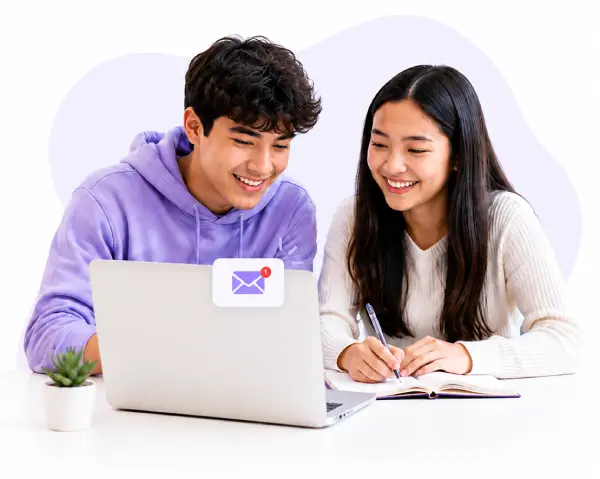 Students studying together with a newsletter notification