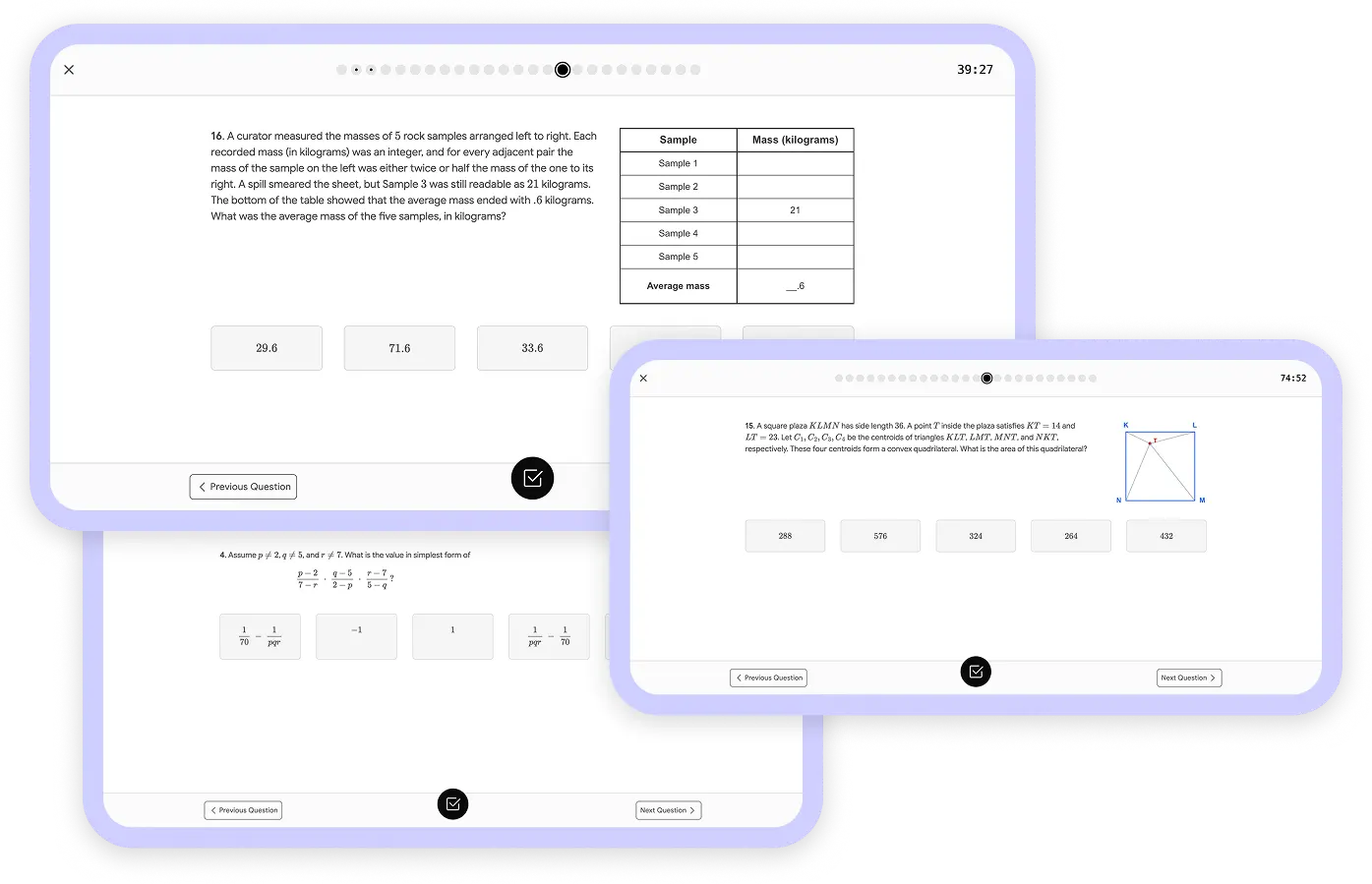 AMC practice test interface with performance analytics and topic breakdown