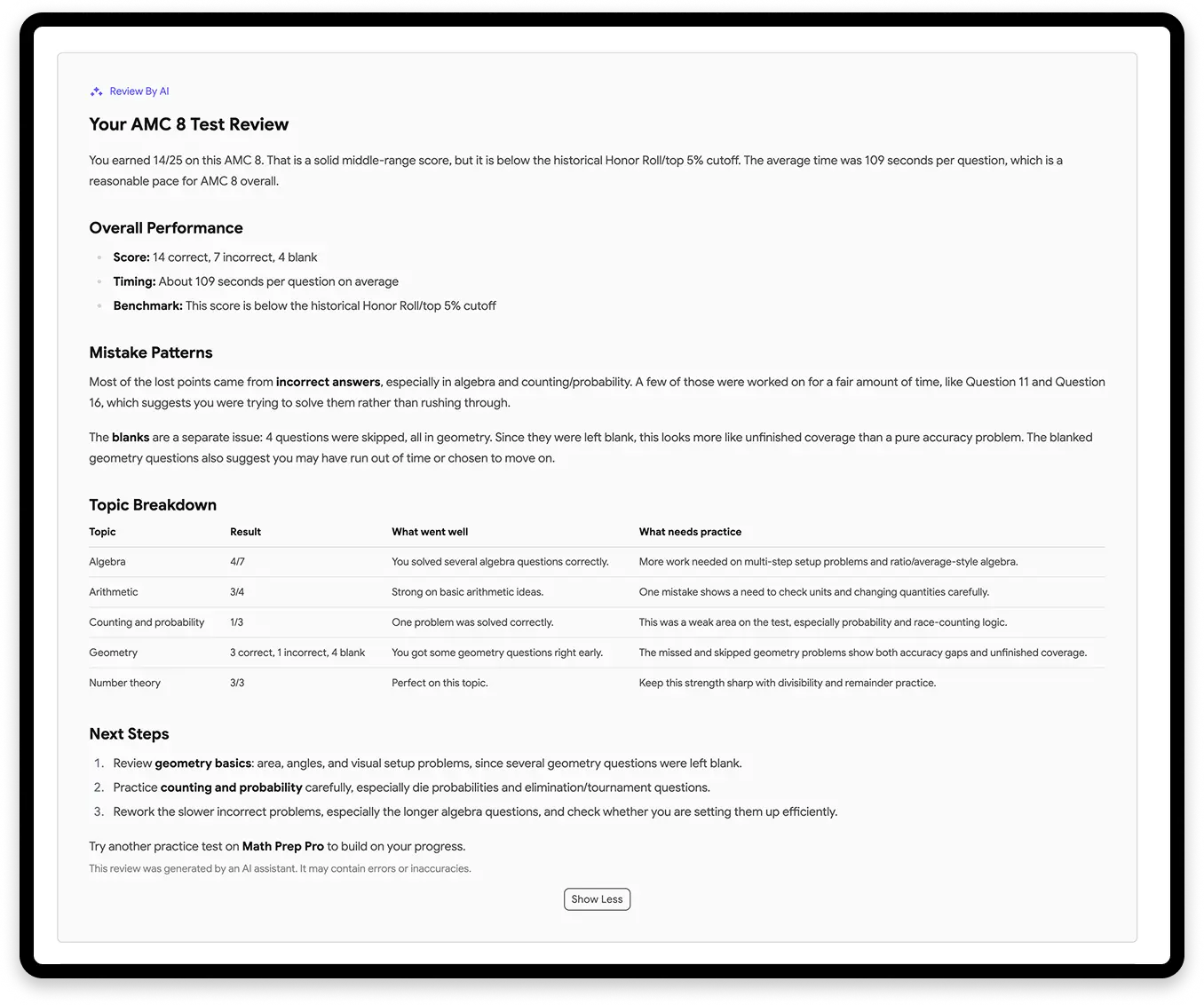 Sample AI-generated AMC 8 test review with overall performance, mistake patterns, topic breakdown, and next steps