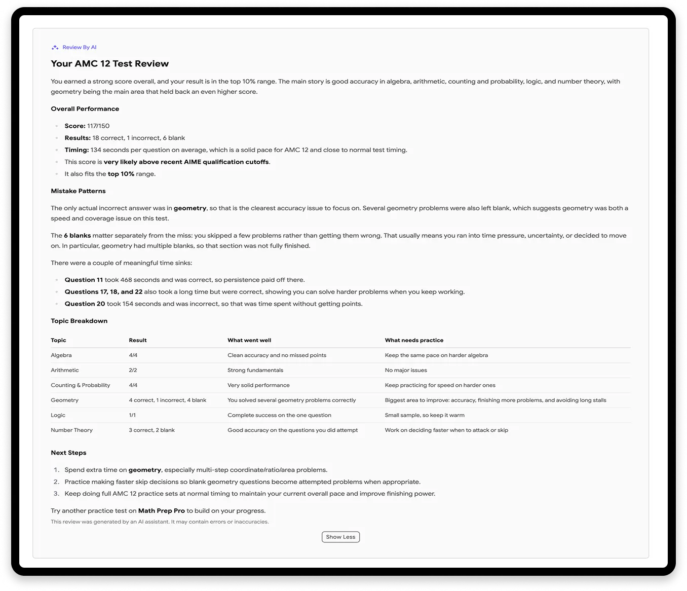 Sample AI-generated AMC 12 test review with overall performance, mistake patterns, topic breakdown, and next steps