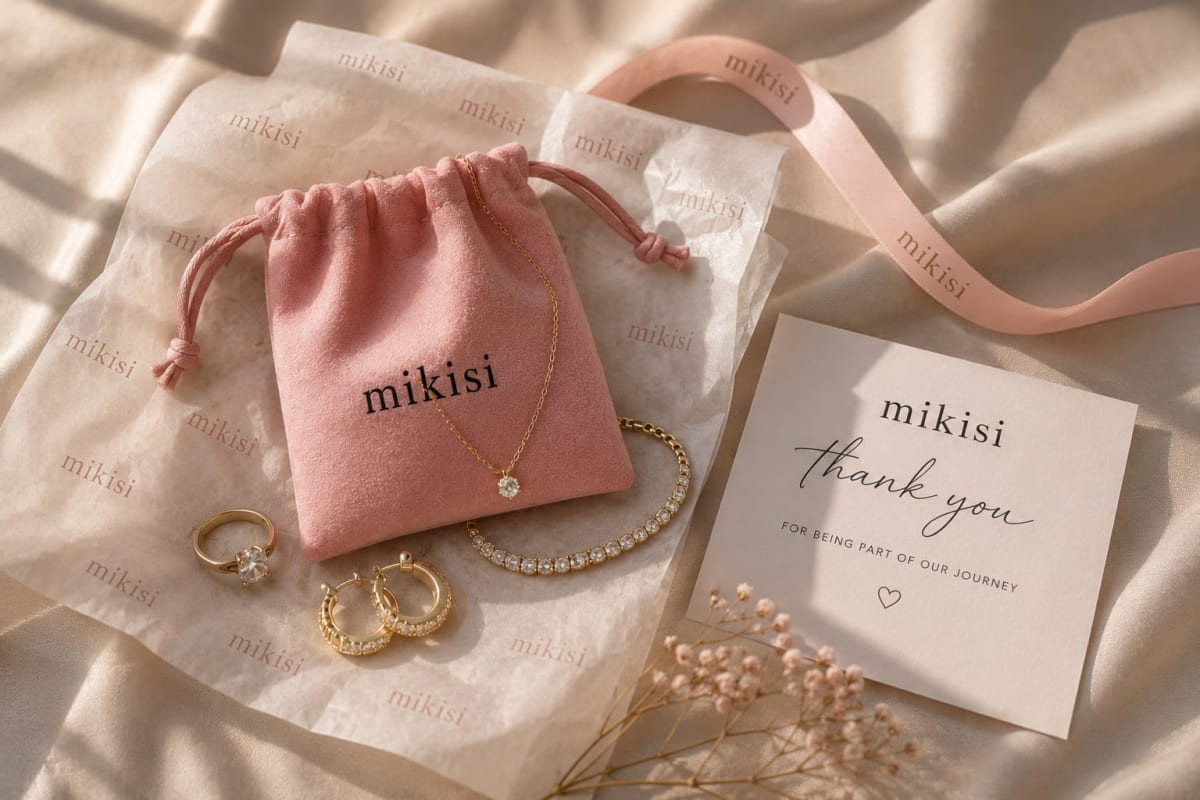 The Mikisi pouch, thank-you card, and jewelry, beautifully presented