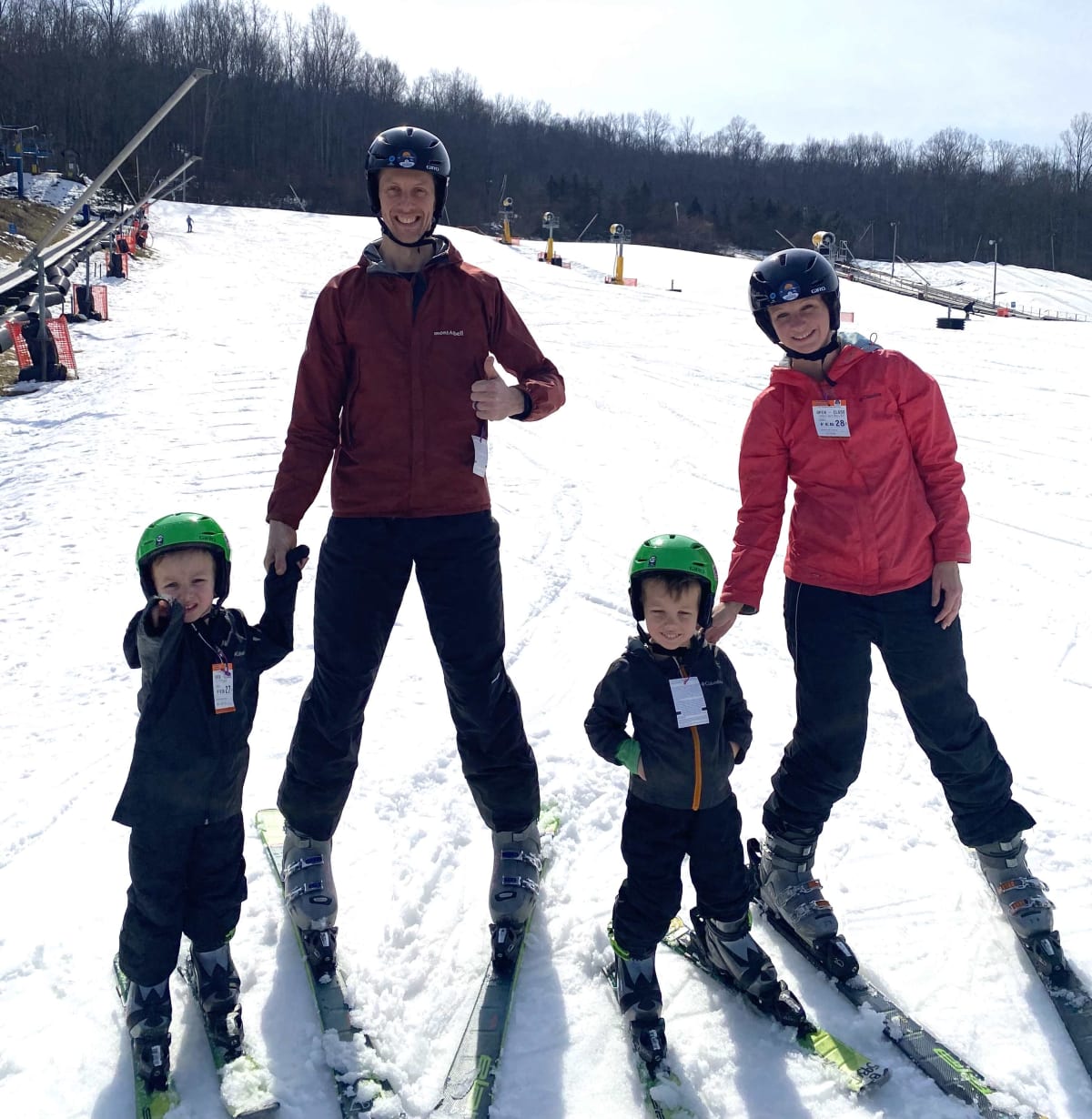 two boys and mom and dad skiing Shawnee Mountain