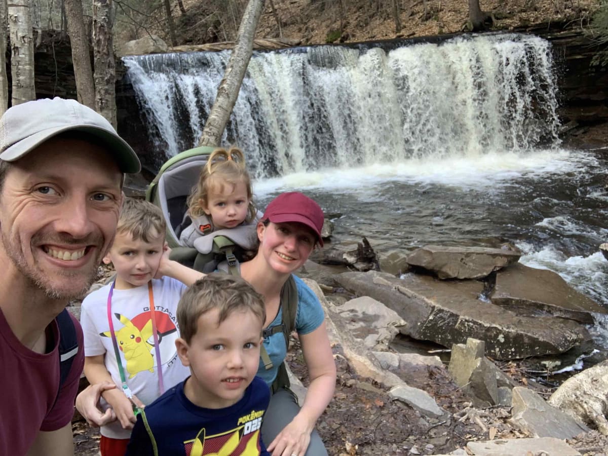 all 5 family members on ricketts glen waterfall hike