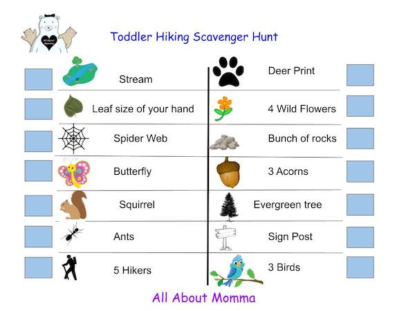 Toddler hiking scavenger hunt