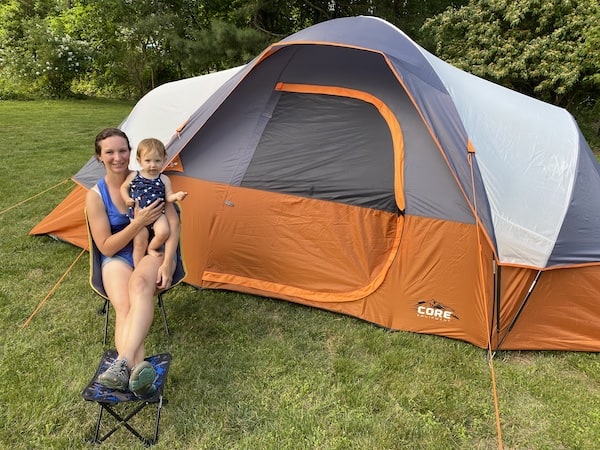 camping with a baby feeding chair and stool