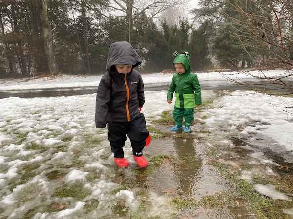 Oakiwear Toddler Rain Pants in green and black worn by my boys